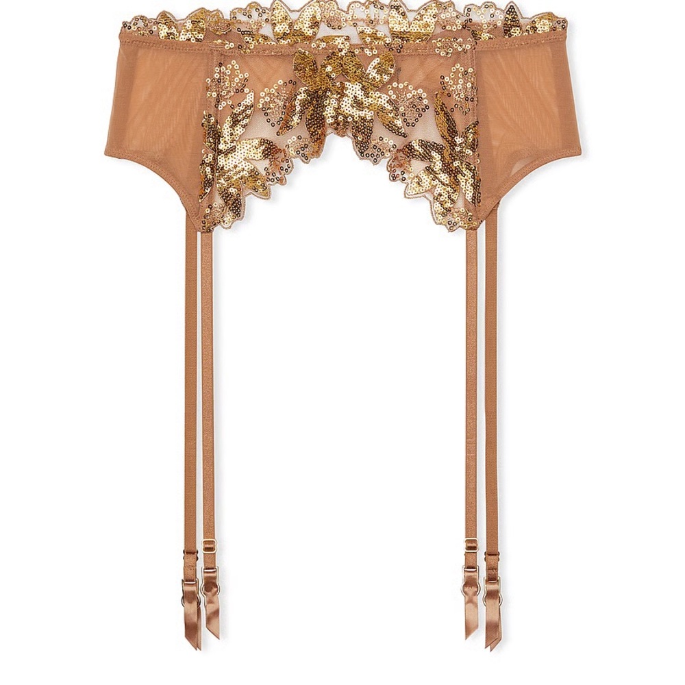 VS VERY SEXY Gold Sequined Ziggy Glam Floral Embroidery Garter Belt